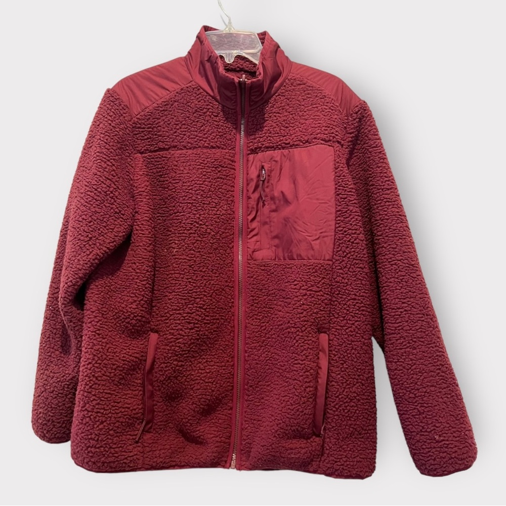 Lands' End Fleece Teddy Maroon Zip Jacket with Front Pocket Sz L